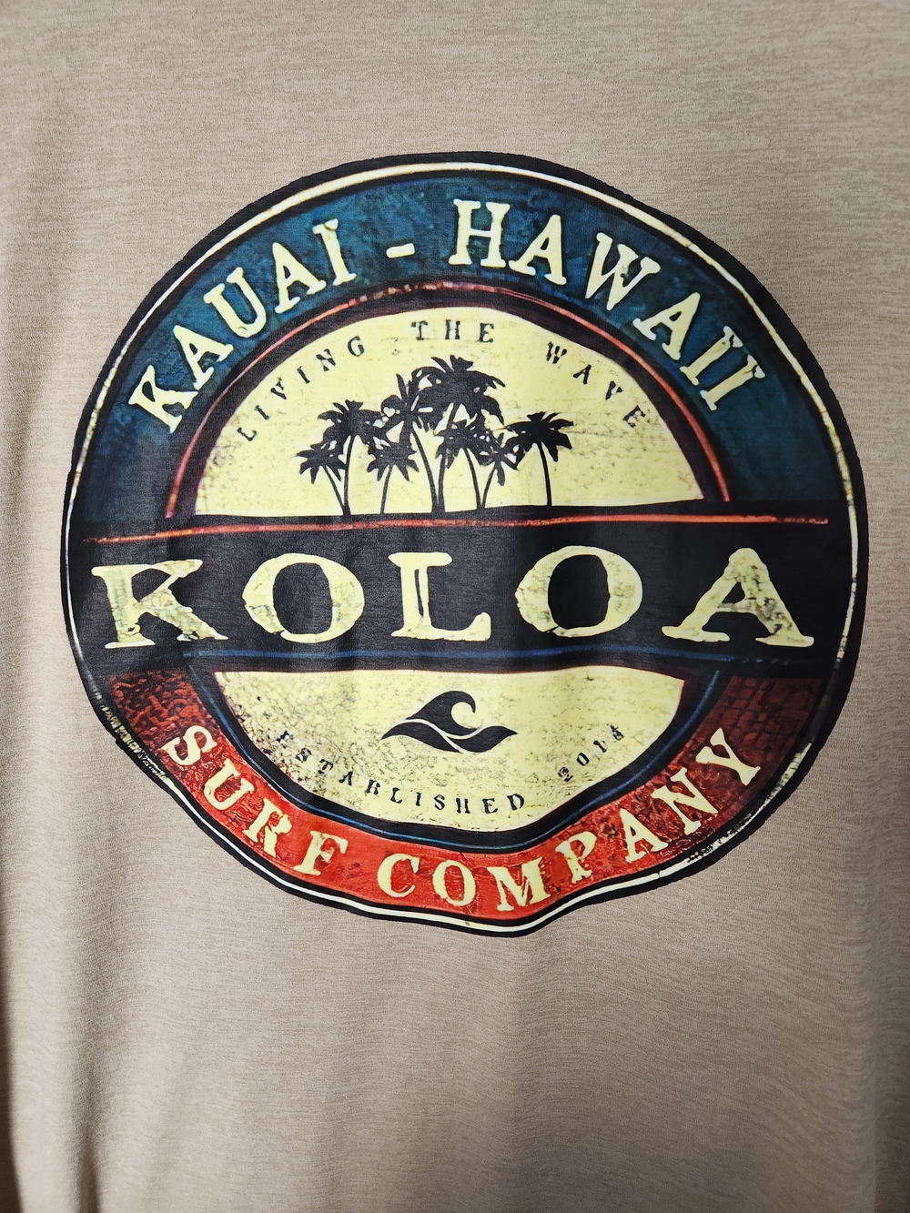 Koloa Surf Company Graphic Tee - Beige with Blue, Red, Yellow